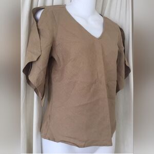 Edward Irish Linen Beige Short Split Sleeve V Neck Blouse Top Women's Size PS